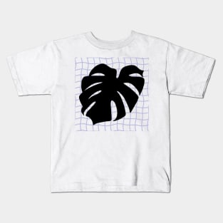 Monstera Deliciosa Leaf on Grid - Black on pastel lilac purple Kids T-Shirt